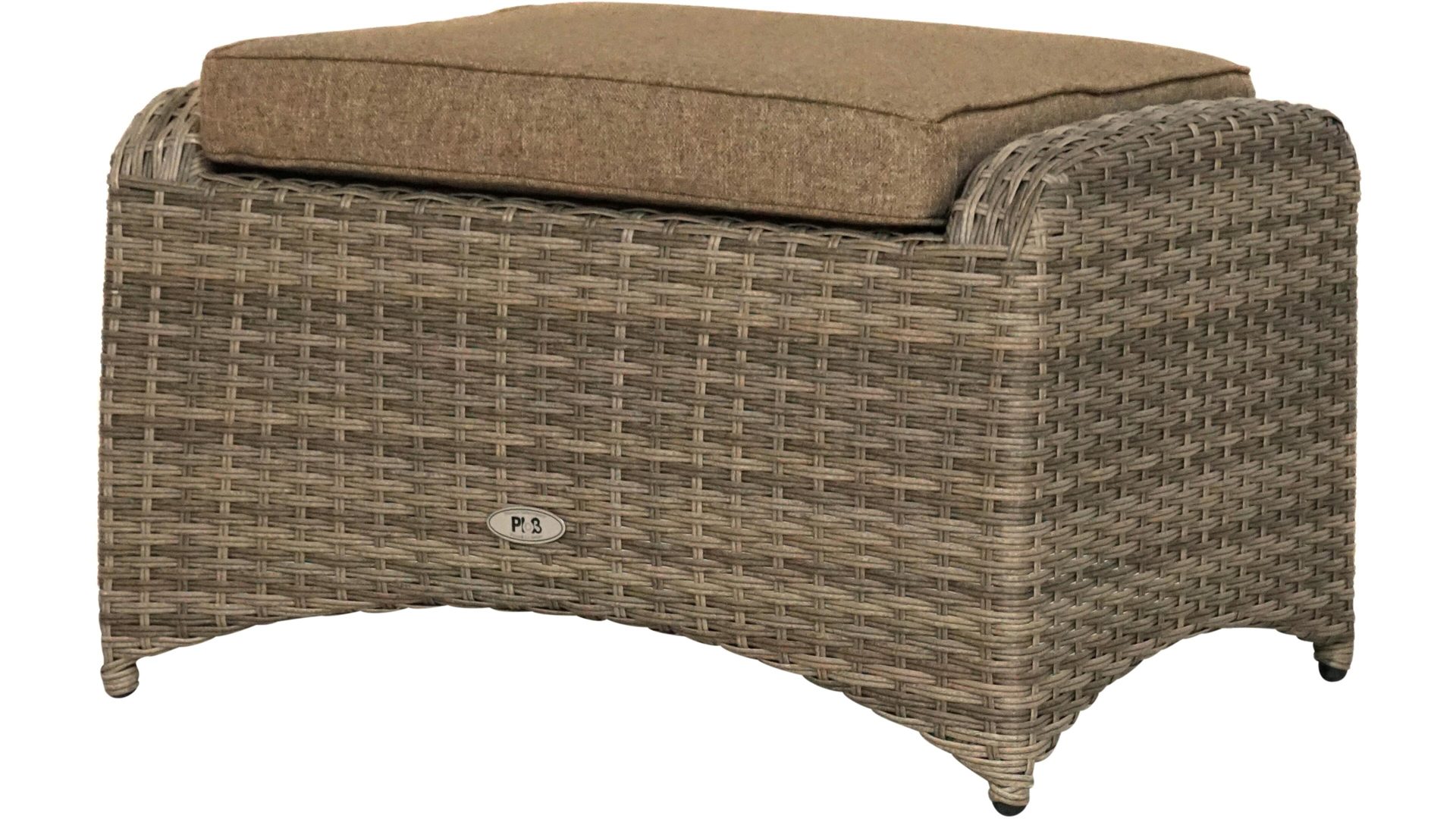 Gartenhocker Ploß aus Kunststoff in Beige Ploß Geflecht-Fußhocker Rabida champagnerfarben meliertes Polyrattan & savannafarbene Polster – ca. 71 x 45 cm