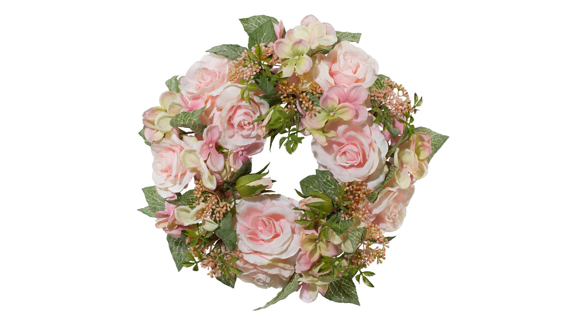 Kranz Gasper gmbh aus Stoff in Pastellfarben Rosenkranz rosafarbene Textilblüten – Durchmesser ca. 33 cm