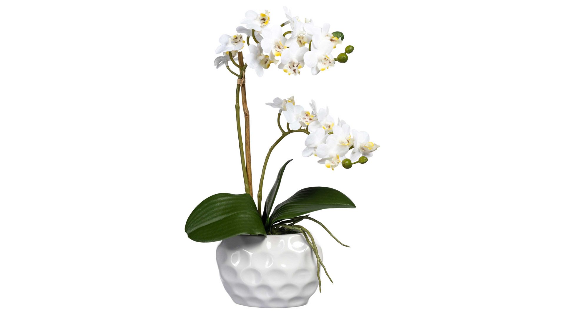 Pflanze Gasper aus Stoff in Weiß Mini-Orchidee Phalaenopsis weiße Textilblüten & weiße Keramikvase – Höhe ca. 40 cm