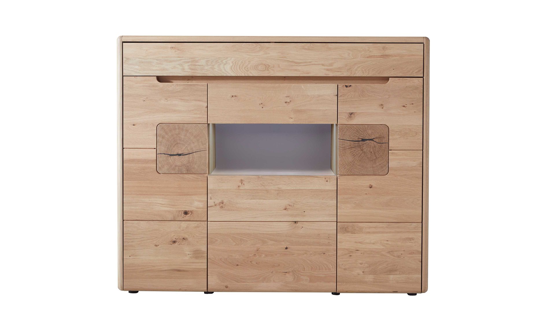 Highboard Wöstmann markenmöbel aus Holz in Holzfarben WÖSTMANN Wohnprogramm Solento - Highboard Wildeiche, Hirnholz & Mattglas – drei Türen, eine Schublade