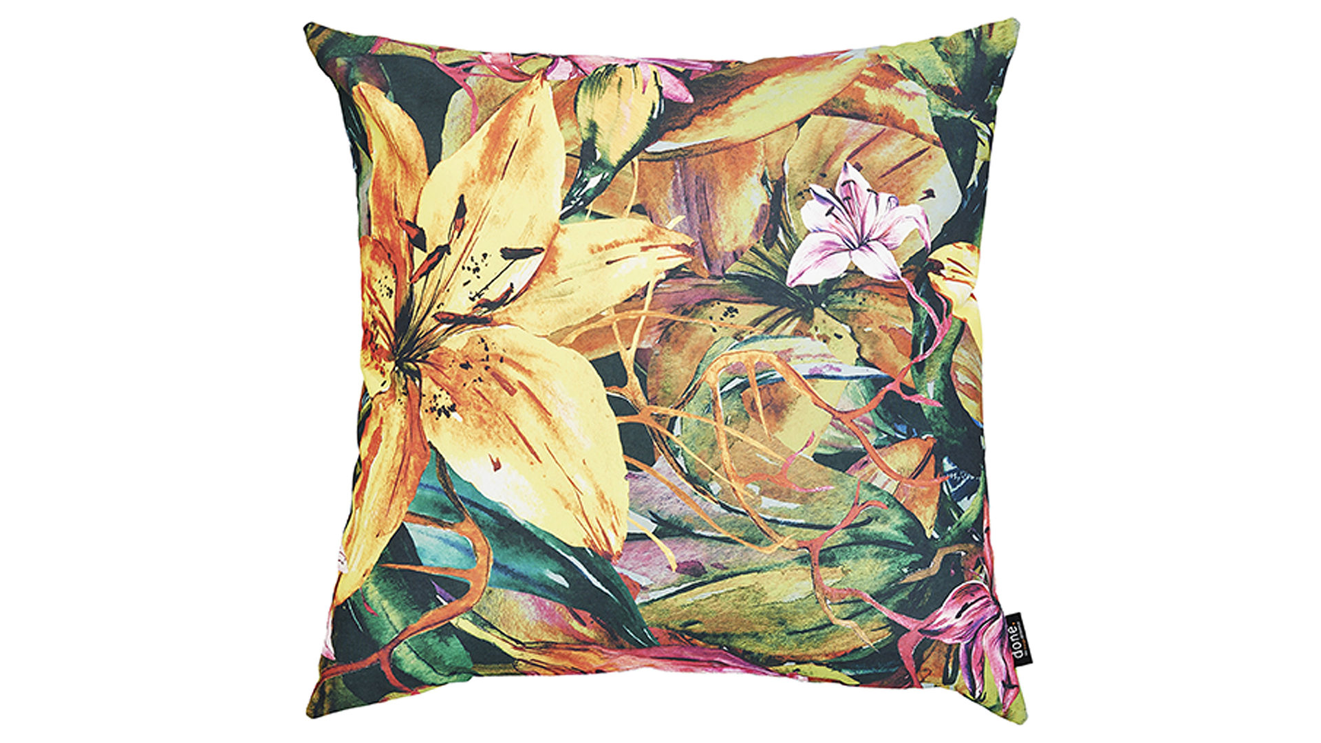 Einzelkissen Done® be different aus Kunstfaser in Mehrfarbig DONE® Kissen Cushion Outside Yellow Lily Dessin Lilie – ca. 65 x 65 cm