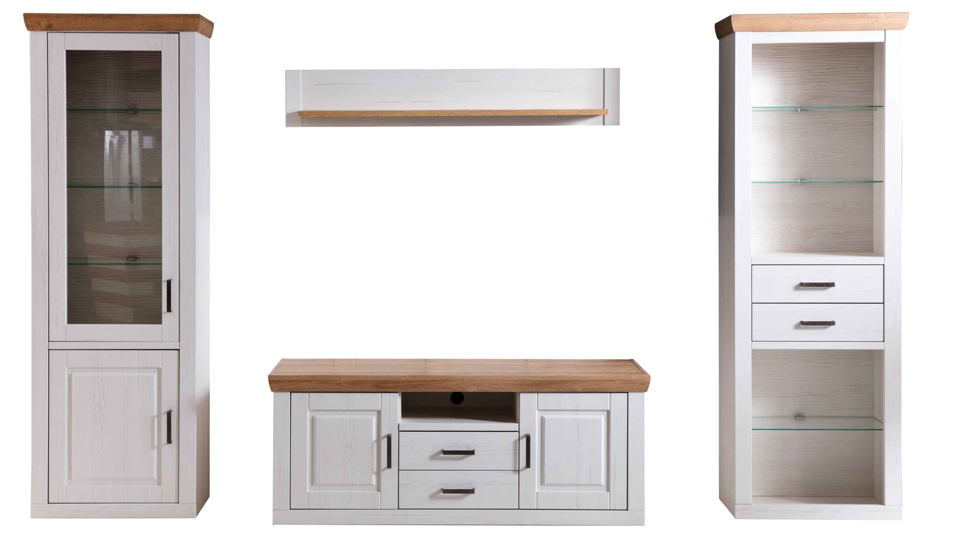 Wohnwand Mca direkt aus Holz in Weiß Wohnprogramm Brixen - Wohnwand 03 Pinie Aurelio & Grandson Oak - vierteilig, Breite ca. 324 cm