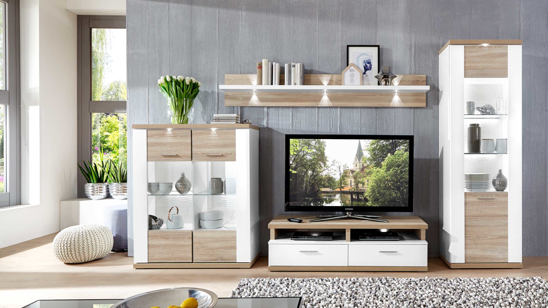 wohnprogramm manhattan - wohnwand mit tv-möbel, weiß & eiche