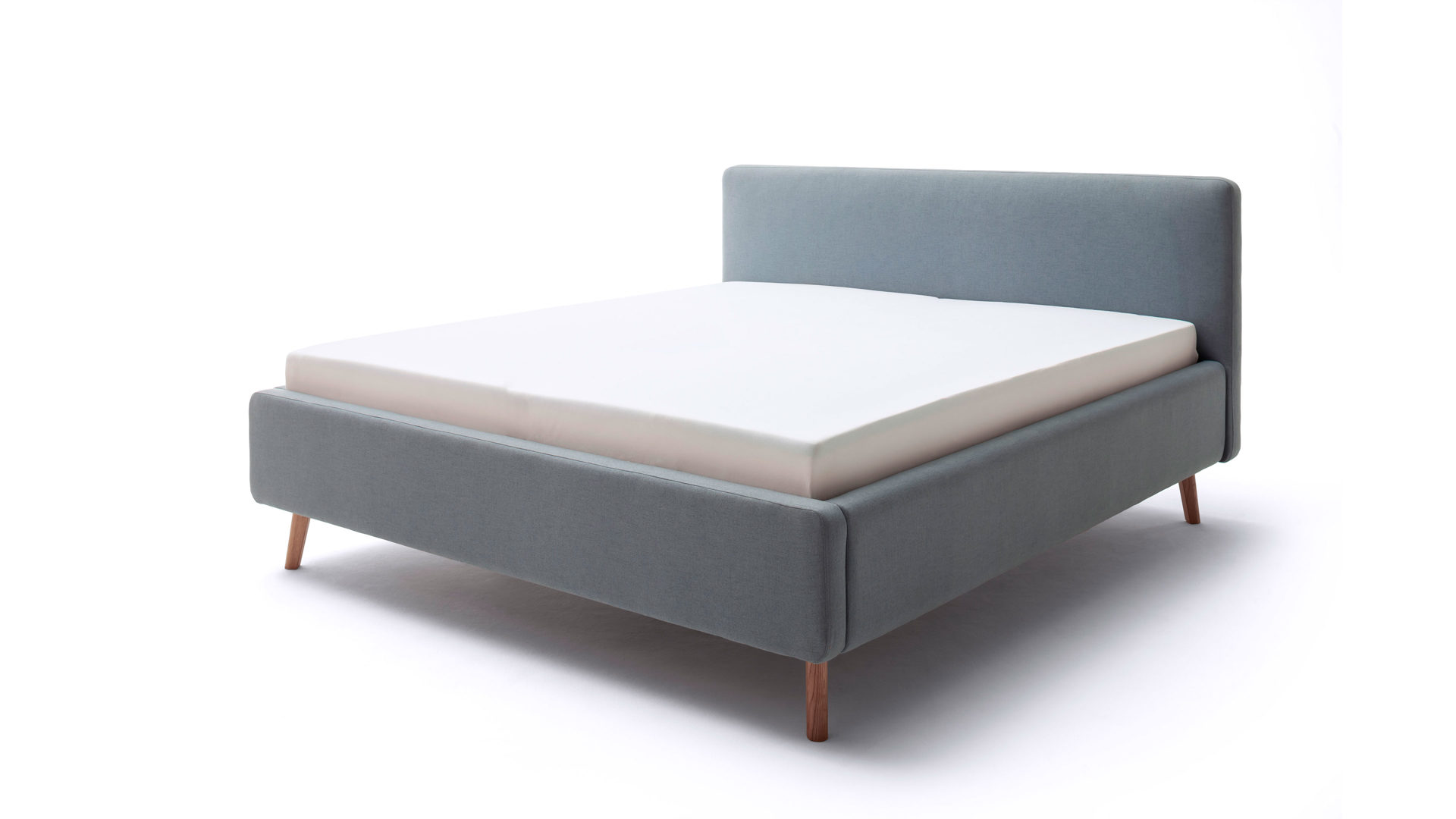 Bettgestell Meise.möbel aus Stoff in Blau Polsterbettgestell Mattis mit Bettkasten eisblaues Flachgewebe Aspen 84 & Holzfüße - Liegefläche ca. 160 x 200 cm