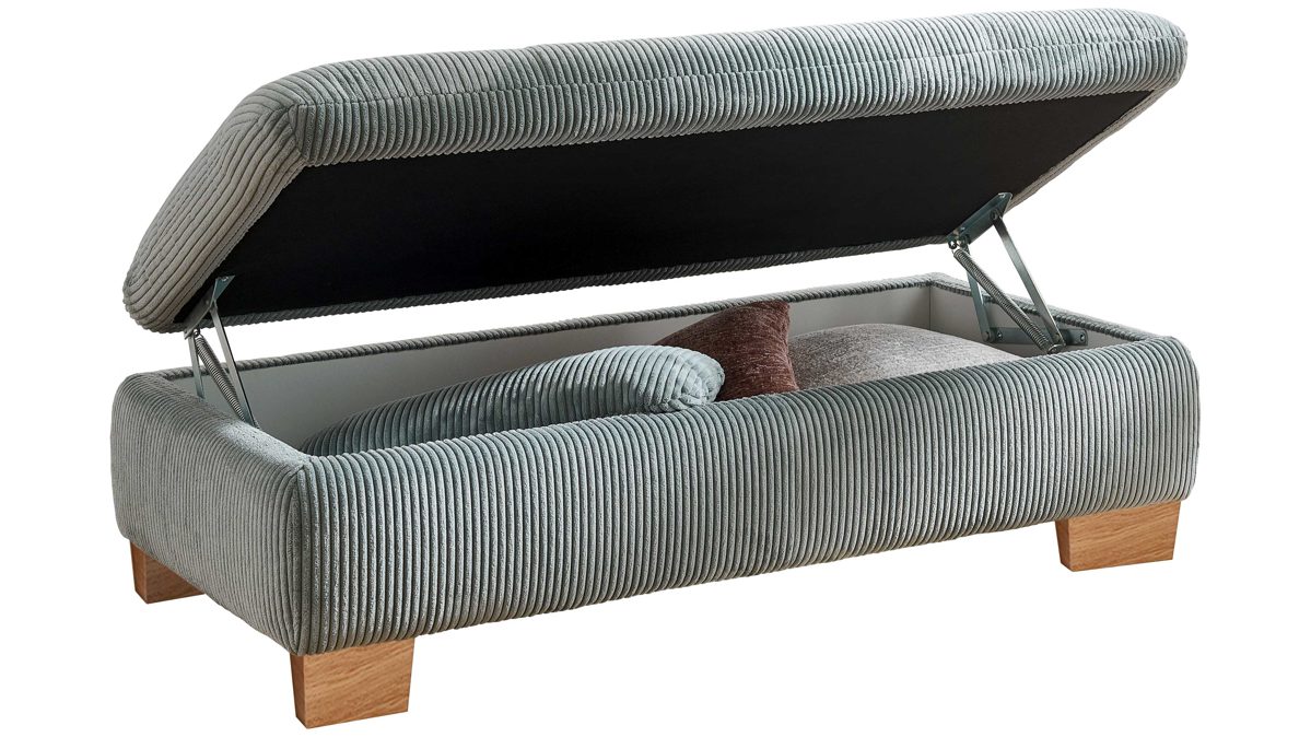 Funktionshocker Megapol aus Stoff in Hellblau Polsterprogramm VS-MP1028 - XXL-Funktions-Hocker aquafarbener Cordbezug & Holzfüße - ca. 135 x 63 cm