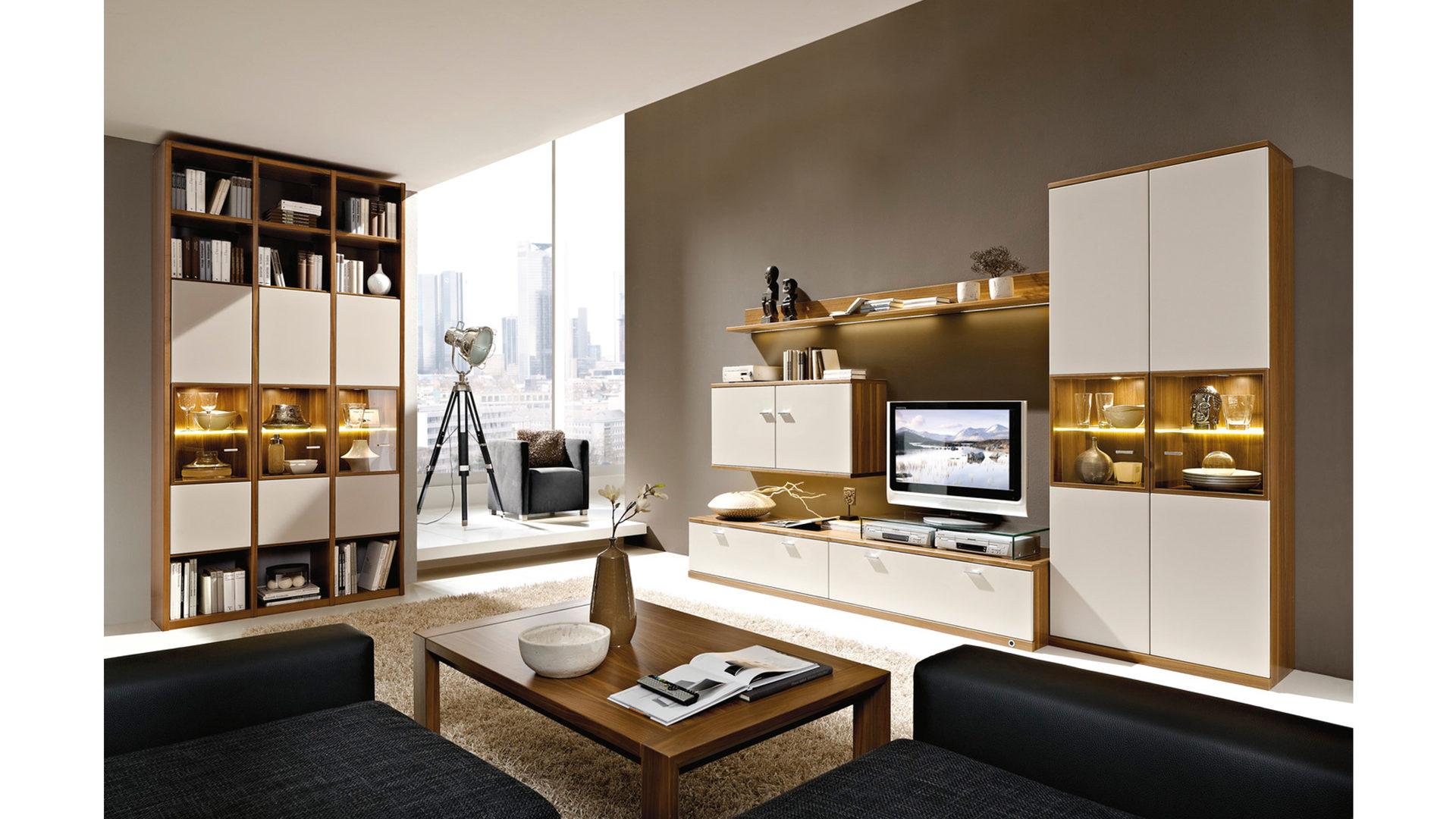 Regal Rietberger möbelwerke | rmw aus Holz in Beige Vancouver Wohnregal cameofarbene Lackoberflächen & Nussbaum – ca. 147 x 250 cm