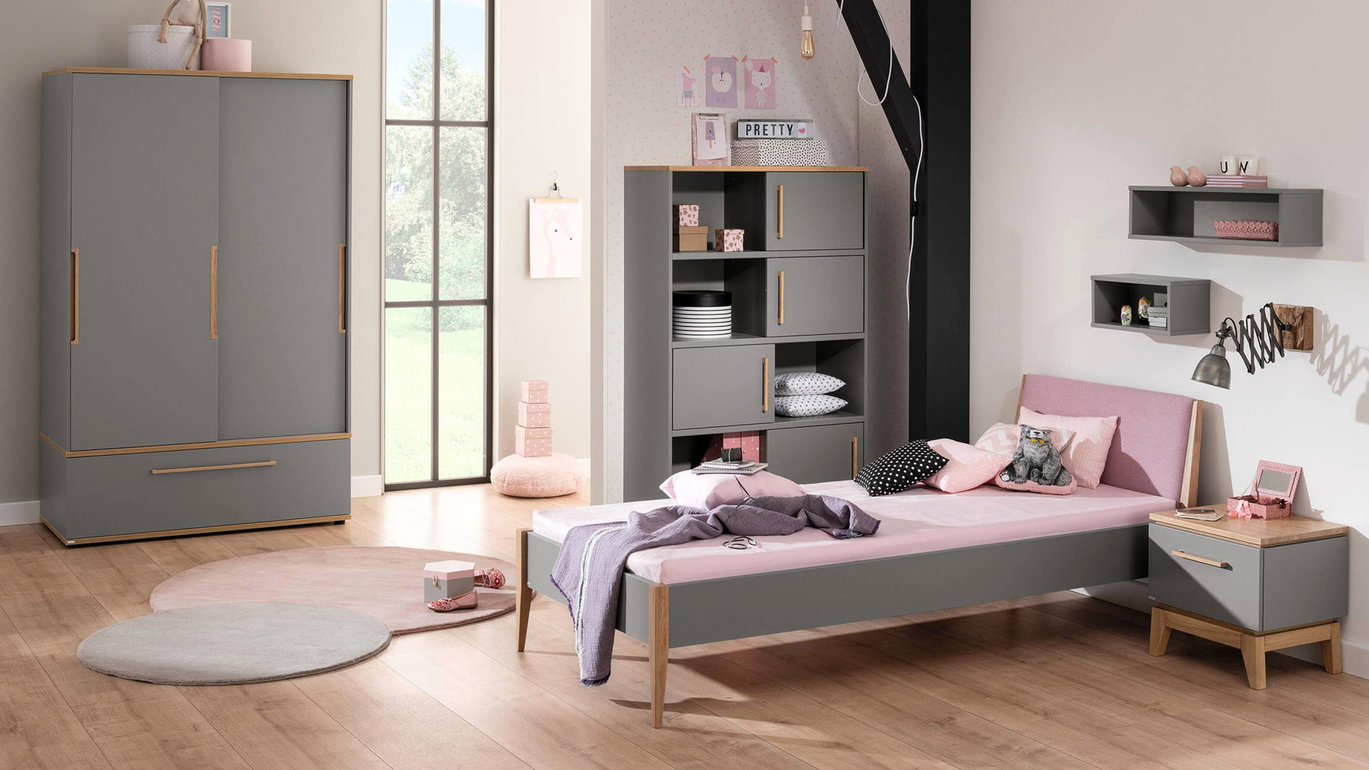 Einzelbett Paidi aus Holz in Pastell PAIDI Bettgestell Sten Dunkelrosa, Eiche & Schiefergrau – Liegefläche ca. 120 x 200 cm