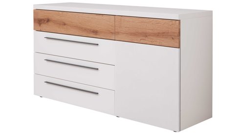 Kombikommode Interliving aus Holz in Weiß Interliving Schlafzimmer Serie 1025 – Kombikommode Weiß & Balkeneiche gehackt - vier Schubladen, eine Tür