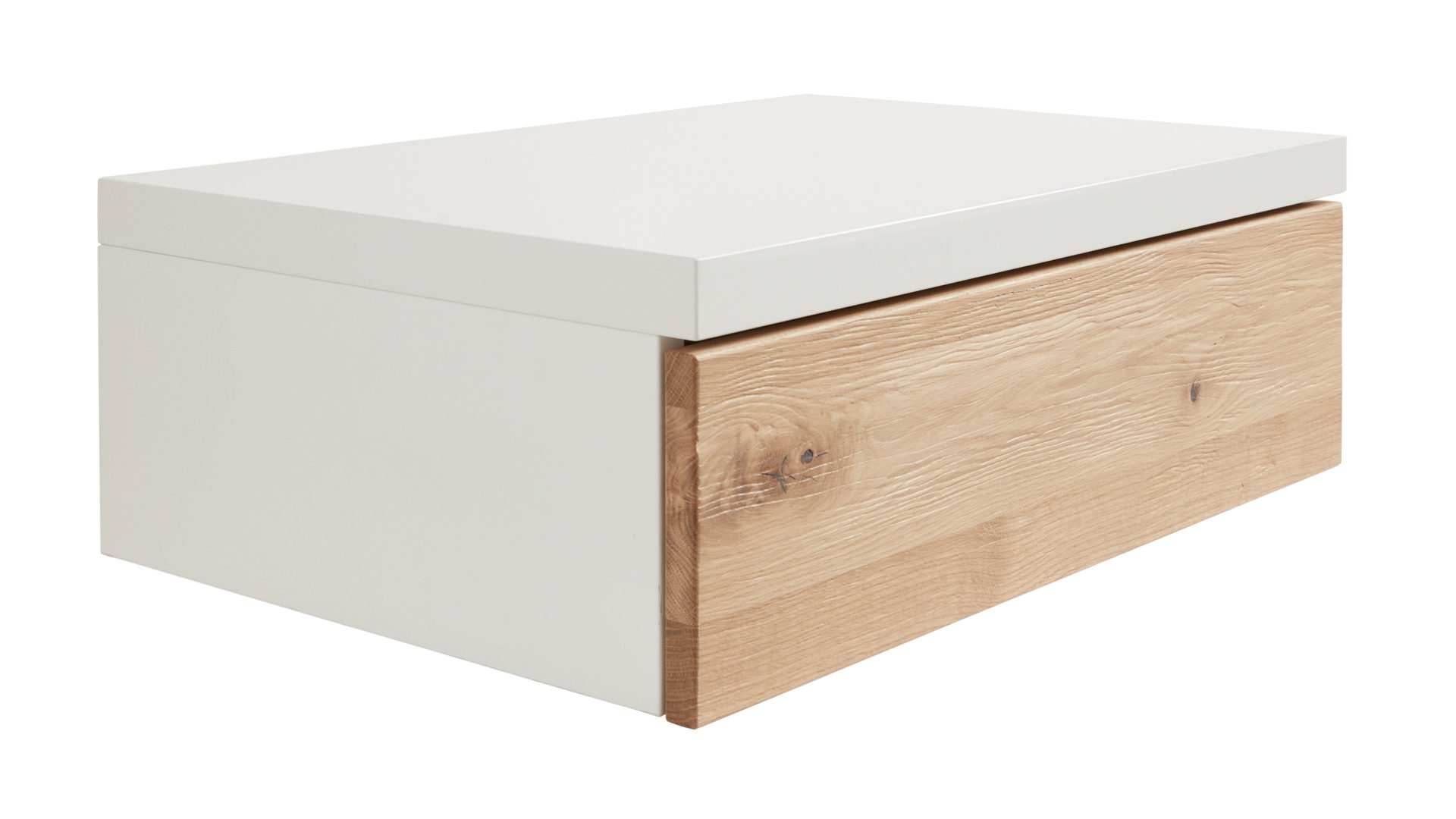 Nachtkommode Interliving aus Holz in Holzfarben Interliving Schlafzimmer Serie 1019 – Hängekonsole 523735 Wildeiche & weißer Mattlack – eine Schublade, links