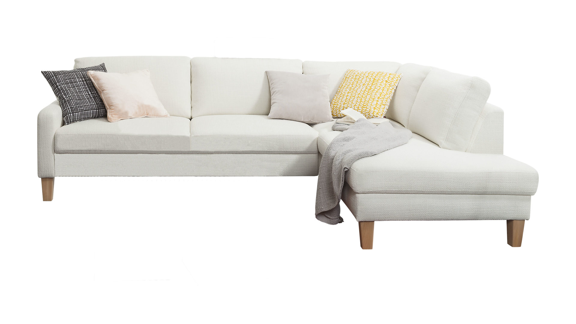 Ecksofa SOFAkultur aus Stoff in Weiß SOFAkultur Programm SK 239 - Ecksofa bzw. Eckcouch mit Federkern cremefarbener Strukturbezug Yelda & Buchenholzfüße 644 – Stellfläche ca. 269 x 200 cm