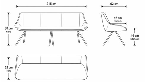 Polsterbank Interliving aus Leder in Hellbraun Interliving Esszimmer Serie 5115 - Polsterbank mit Lederbezug sattelfarbenes Leder LD2015 & anthrazitfarbenes Metall - Länge ca. 215 cm