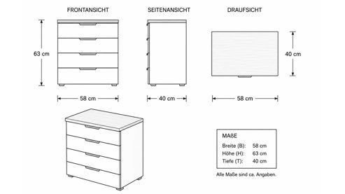 Schubladenkommode Interliving aus Holz in Schwarz Interliving Kleiderschrank Serie 1208 - Schubladenkommode Schwarzglas & Atlantic Eiche - vier Schubladen, Breite ca. 58 cm