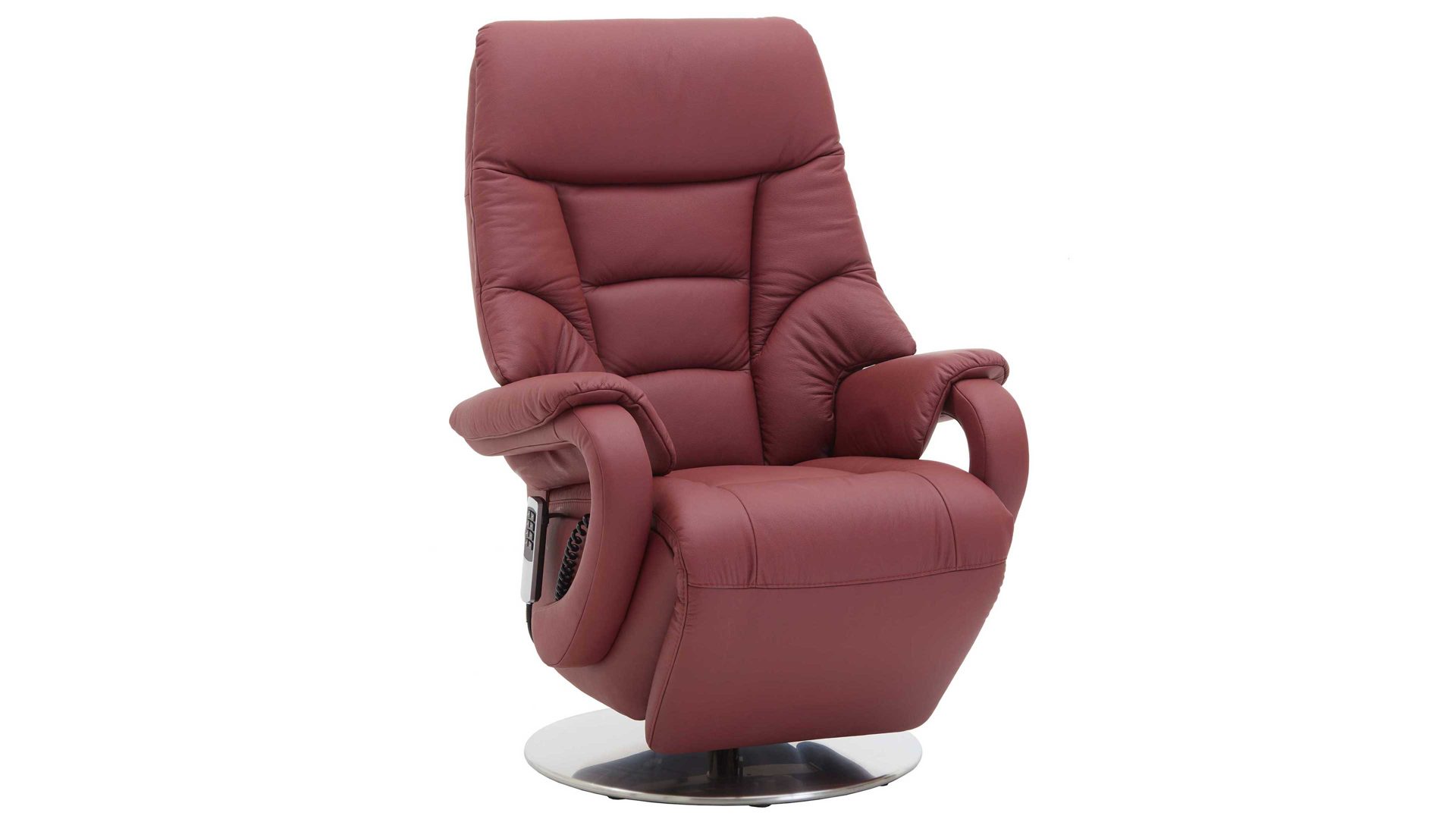 Relaxsessel Steinpol polsteria aus Leder in Rot Relaxsessel mit elektrischen Funktionen melotfarbenes Leder Punch & Edelstahl-Tellerfuß - drei Motoren