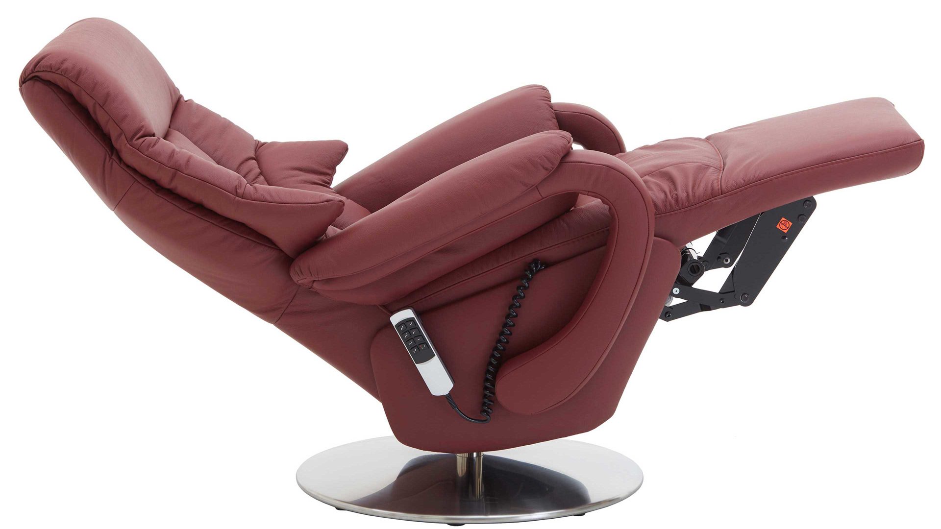 Relaxsessel Steinpol polsteria aus Leder in Rot Relaxsessel mit elektrischen Funktionen melotfarbenes Leder Punch & Edelstahl-Tellerfuß - zwei Motoren