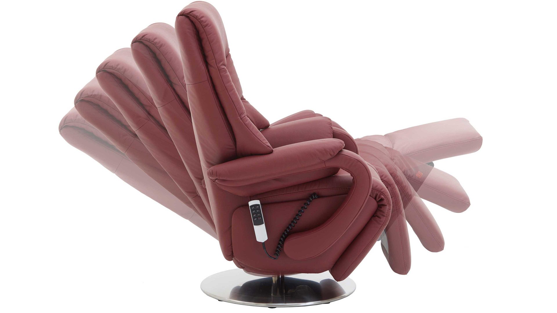 Relaxsessel Steinpol polsteria aus Leder in Rot Relaxsessel mit elektrischen Funktionen melotfarbenes Leder Punch & Edelstahl-Tellerfuß - zwei Motoren