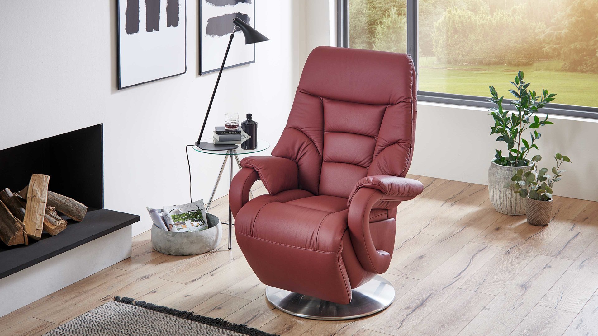 Relaxsessel Steinpol polsteria aus Leder in Rot Relaxsessel mit elektrischen Funktionen melotfarbenes LongLife-Leder Duca & Edelstahl-Tellerfuß - drei Motoren