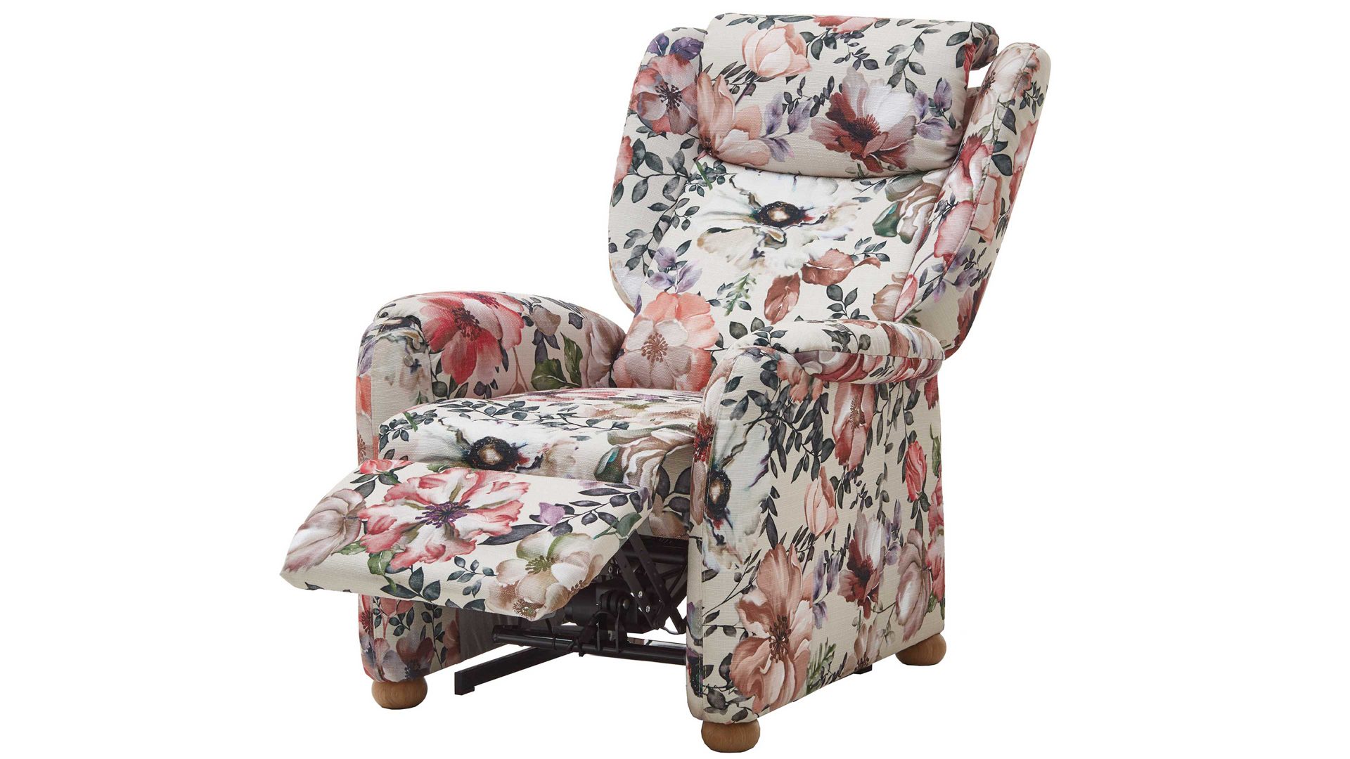 Ohrensessel Steinpol polsteria aus Stoff in Mehrfarbig Ohrensessel mit Motor floraler Stoffbezug Aster beige & Eiche biancofarbene Holzfüße - ein Motor