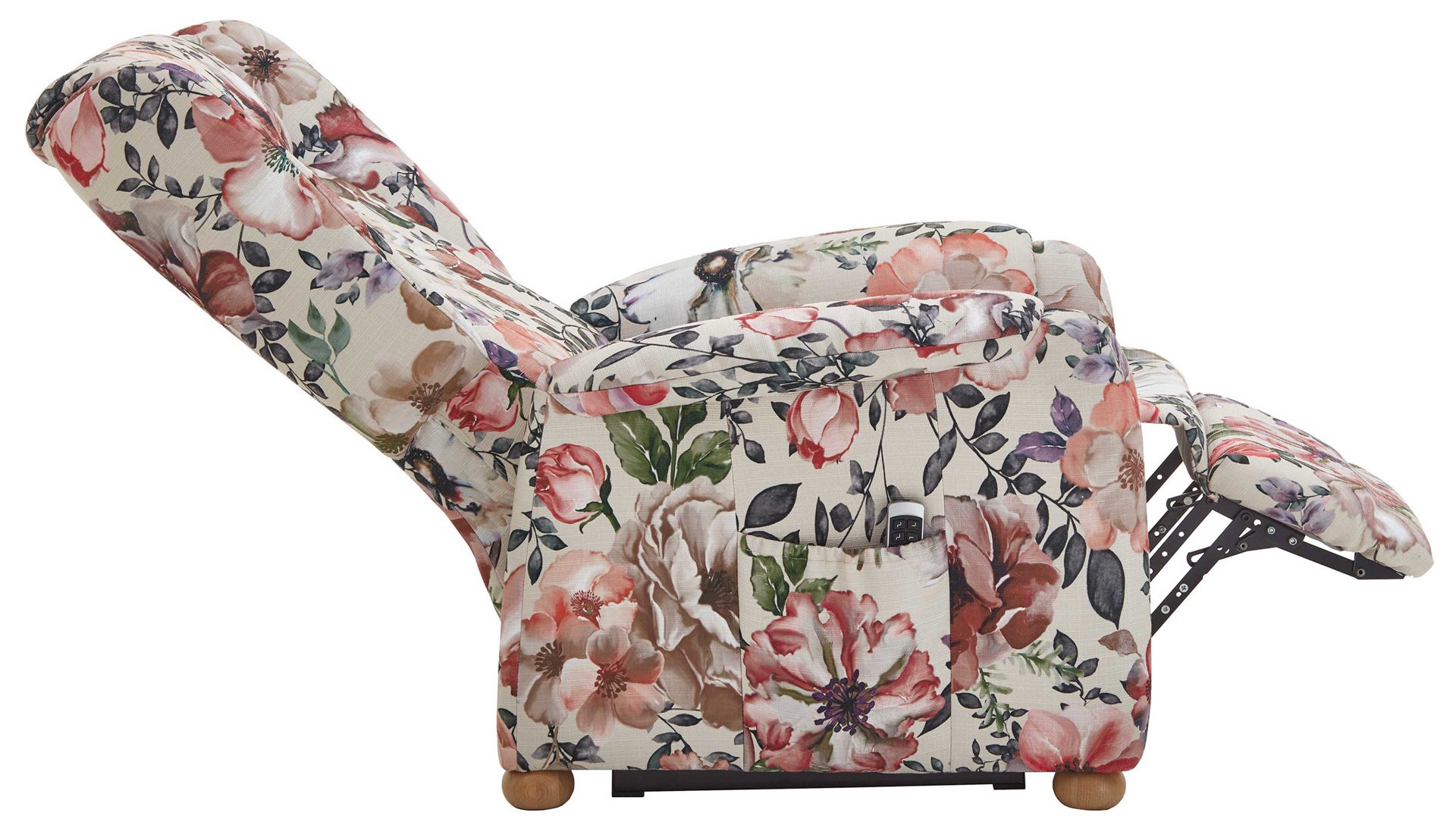 Ohrensessel Steinpol polsteria aus Stoff in Mehrfarbig Ohrensessel mit Motor floraler Stoffbezug Aster beige & Eiche biancofarbene Holzfüße - ein Motor