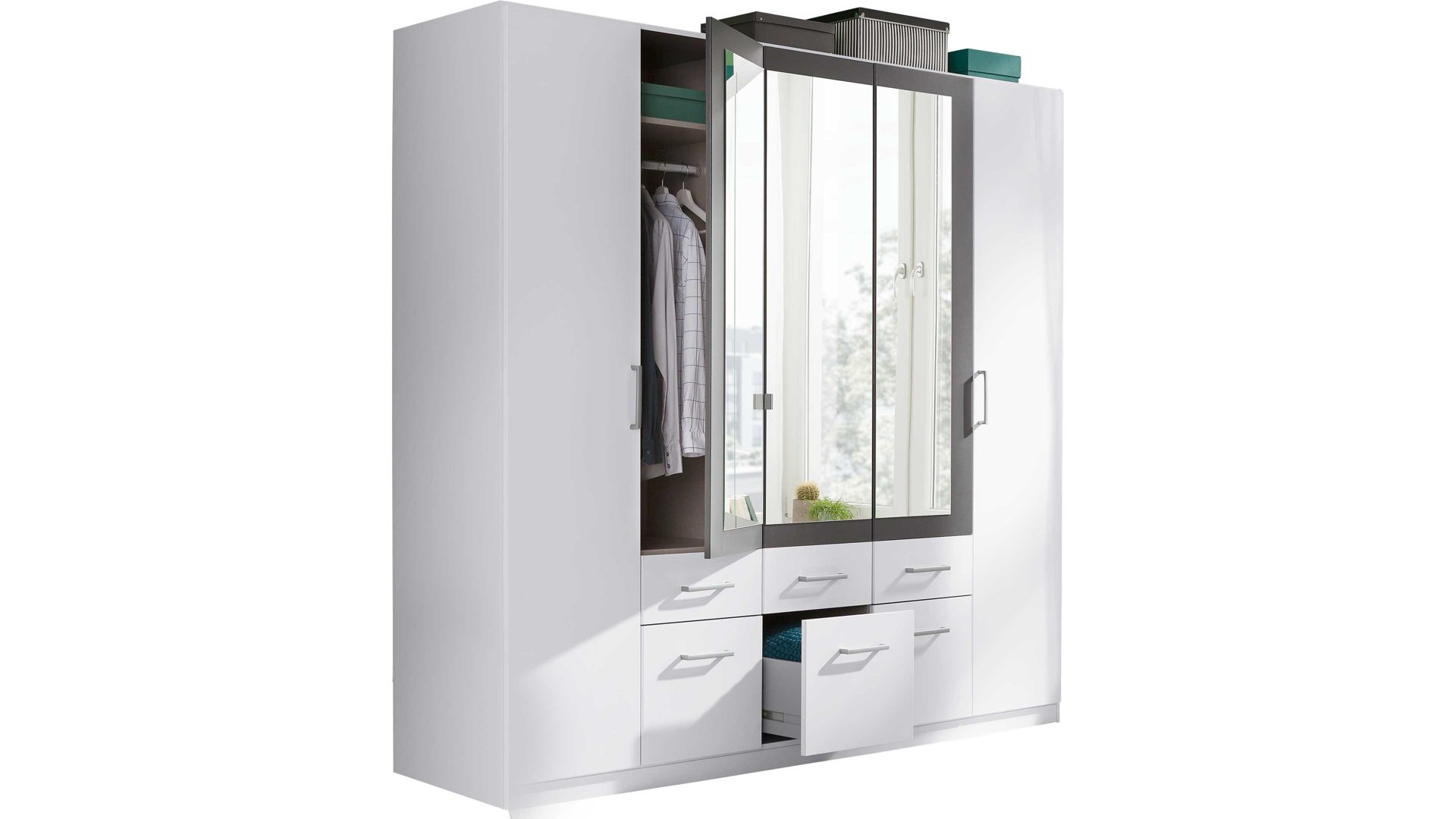 Kleiderschrank Rauch aus Holz in Grau rauch BLUE Kleiderschrank Burano - Drehtürenschrank Grau-metallic & Alpinweiß – fünf Türen, sechs Schubladen, Breite ca. 226 cm