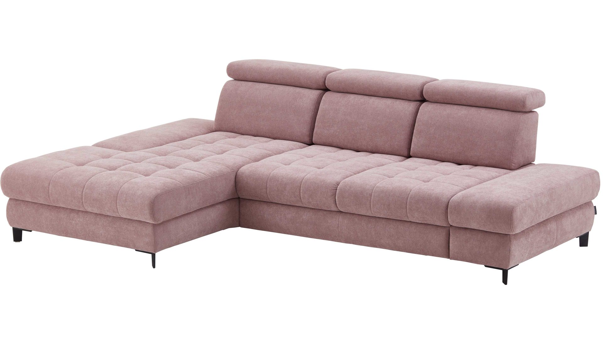 Ecksofa KAWOO aus Stoff in Rosa KAWOO Polsterprogramm Torino - Ecksofa fliederfarbenes Flachgewebe Paris 21572 & schwarze Metallfüße – Stellfläche ca. 186 x 312 cm