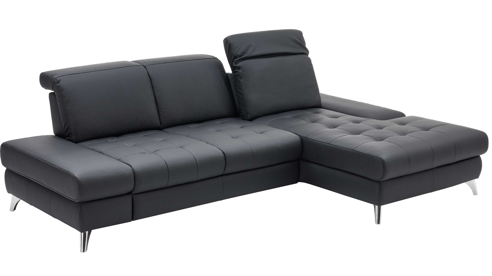 Ecksofa KAWOO aus Leder in Schwarz KAWOO Polsterserie Torino - Ecksofa bzw. Polstermöbel schwarzes Leder Punch & Chromfüße B – Stellfläche ca. 282 x 186 cm