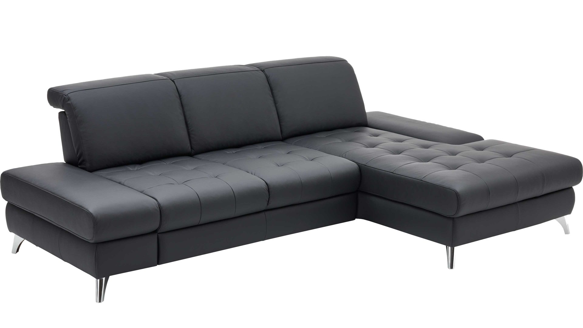 Ecksofa KAWOO aus Leder in Schwarz KAWOO Polsterserie Torino - Ecksofa bzw. Polstermöbel schwarzes Leder Punch & Chromfüße B – Stellfläche ca. 282 x 186 cm