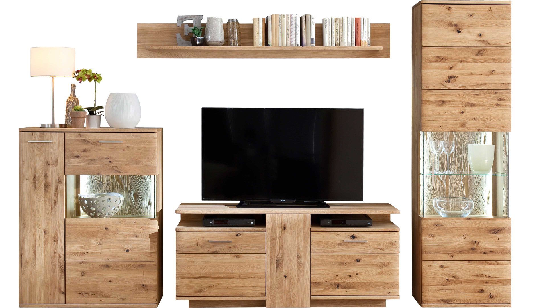 Wohnwand Mca furniture aus Holz in Holzfarben Wohnprogramm Santori - Wohnwand Eiche & Asteiche – vierteilig, Breite ca. 320 cm