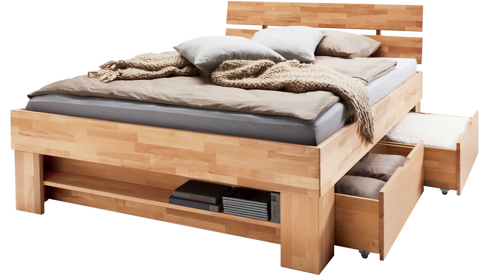 Funktionsbett Elfo-möbel aus Holz in Holzfarben Bettgestell Sofie als Massivholzmöbel mit Wohlfühlkomfort natur geöltes Kernbuchenholz - Liegefläche ca. 140 x 200 cm