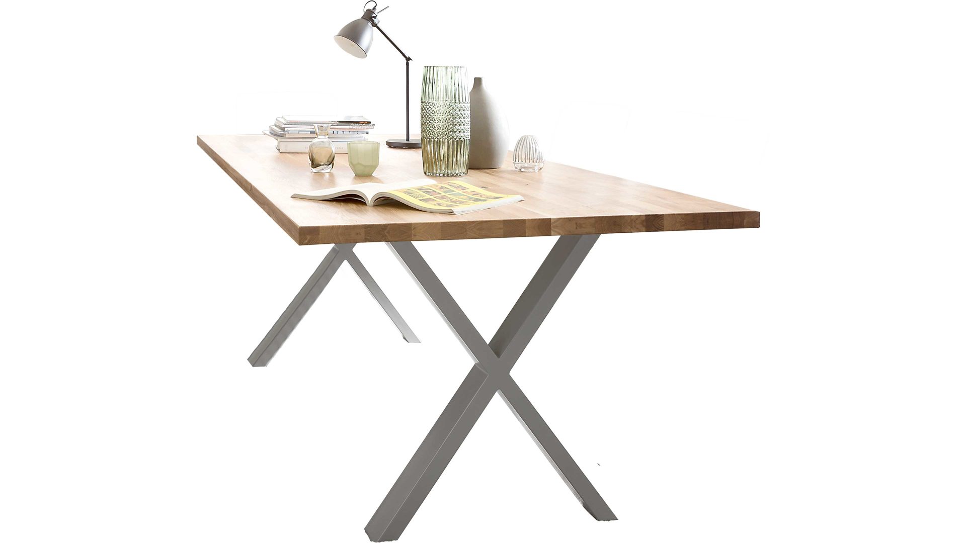 Esstisch Standard furniture factory aus Holz in Holzfarben Esstisch Quebec mit Massivholzplatte rustikal geölte Eiche & silberfarbenes Metall – ca. 220 x 100 cm