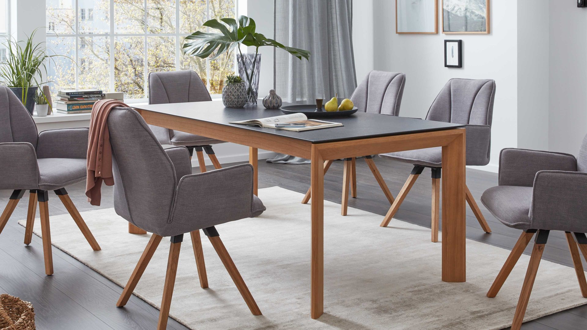 Auszugtisch Interliving aus Holz in Grau Interliving Esszimmer Serie 5102 – Auszugtisch granitfarbenes HPL & Wildeiche – ca. 180-280 x 90 cm