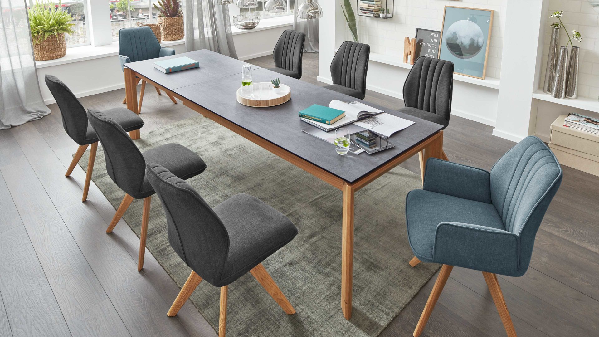 Auszugtisch Interliving aus Holz in Grau Interliving Esszimmer Serie 5102 – Auszugtisch V133 granitfarbenes HPL & Wildeiche – ca. 160-260 x 90 cm