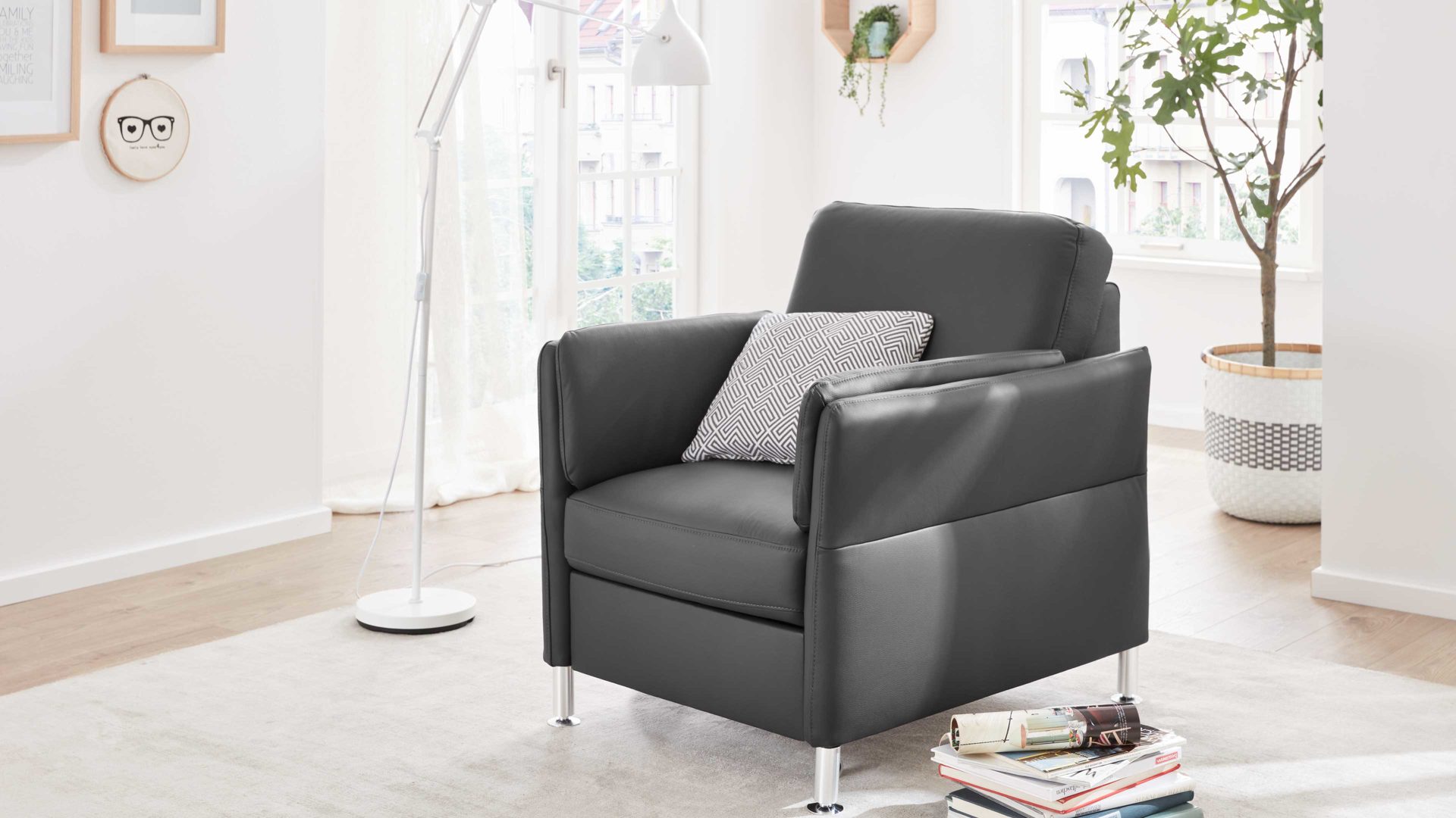 Polstersessel modulmaster aus Leder in Anthrazit Modulmaster MM-PN1080 - Sessel anthrazitfarbenes Leder Torro & Metallfüße