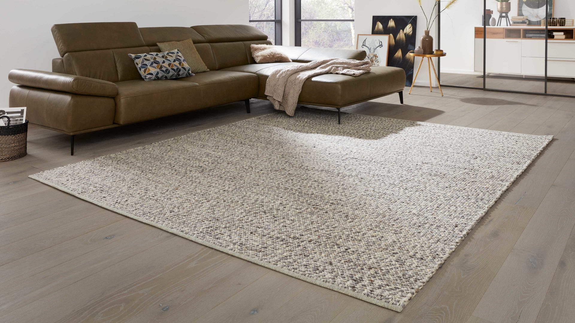 Handwebteppich Interliving aus Naturfaser in Hellgrau Interliving Teppich Serie B-8001 steinfarbene Schurwolle – ca. 90 x 170 cm