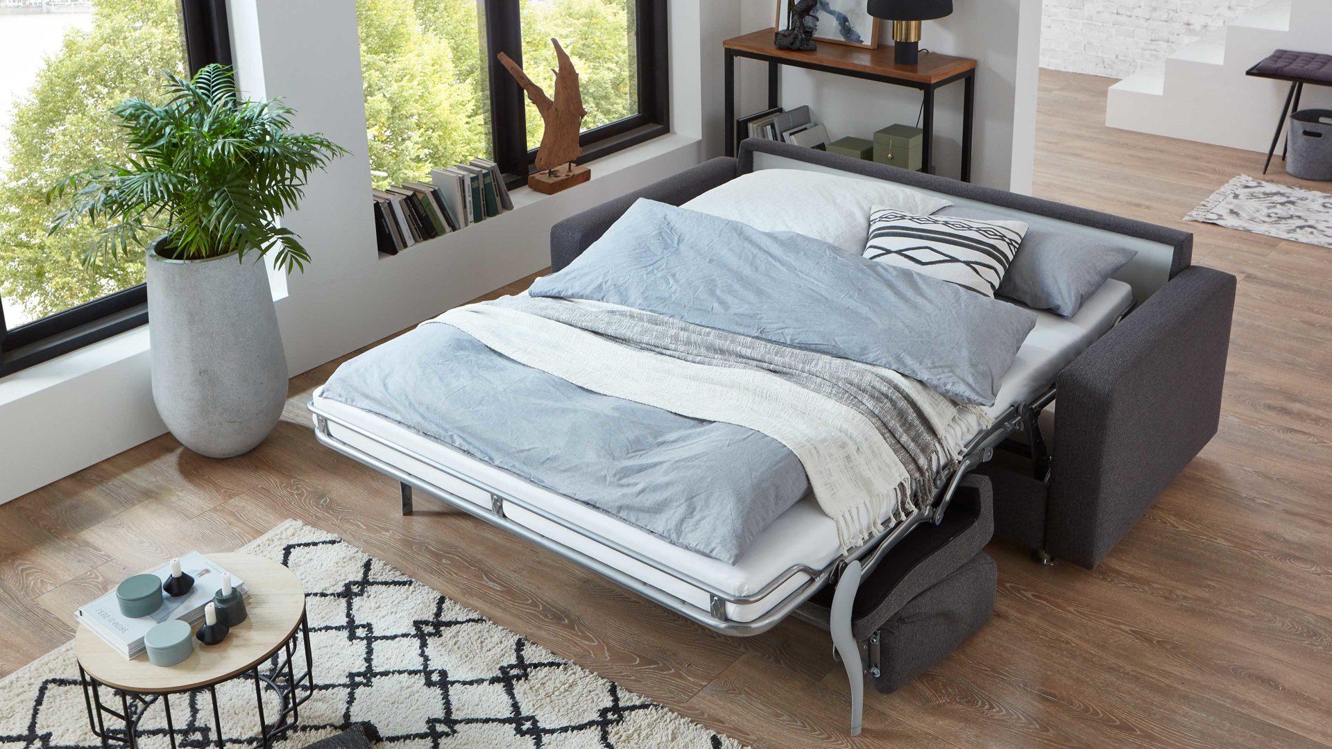 Schlafsofa comfortmaster besser sitzen, liegen, leben aus Stoff in Anthrazit Comfortmaster Messina Funktionssofa - Schlafcouch anthrazitfarbener Webstoff 8-2122 & Chromfüße 84 - Breite ca. 177 cm