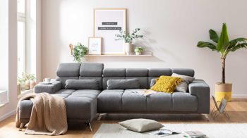 Ecksofa A. z. iwaniccy aus Stoff in Grau Funktions-Ecksofa Speed links, Stellfläche ca. 201 x 285 cm - steingrauer Bezug Boston 05 & Chromfüße