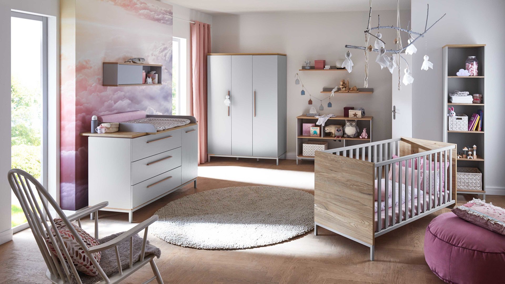 Wandregal Paidi aus Holz in Hellgrau PAIDI Babyzimmerprogramm Benne - Wandregal Kieselgrau & Montana Eiche – Länge ca. 95 cm