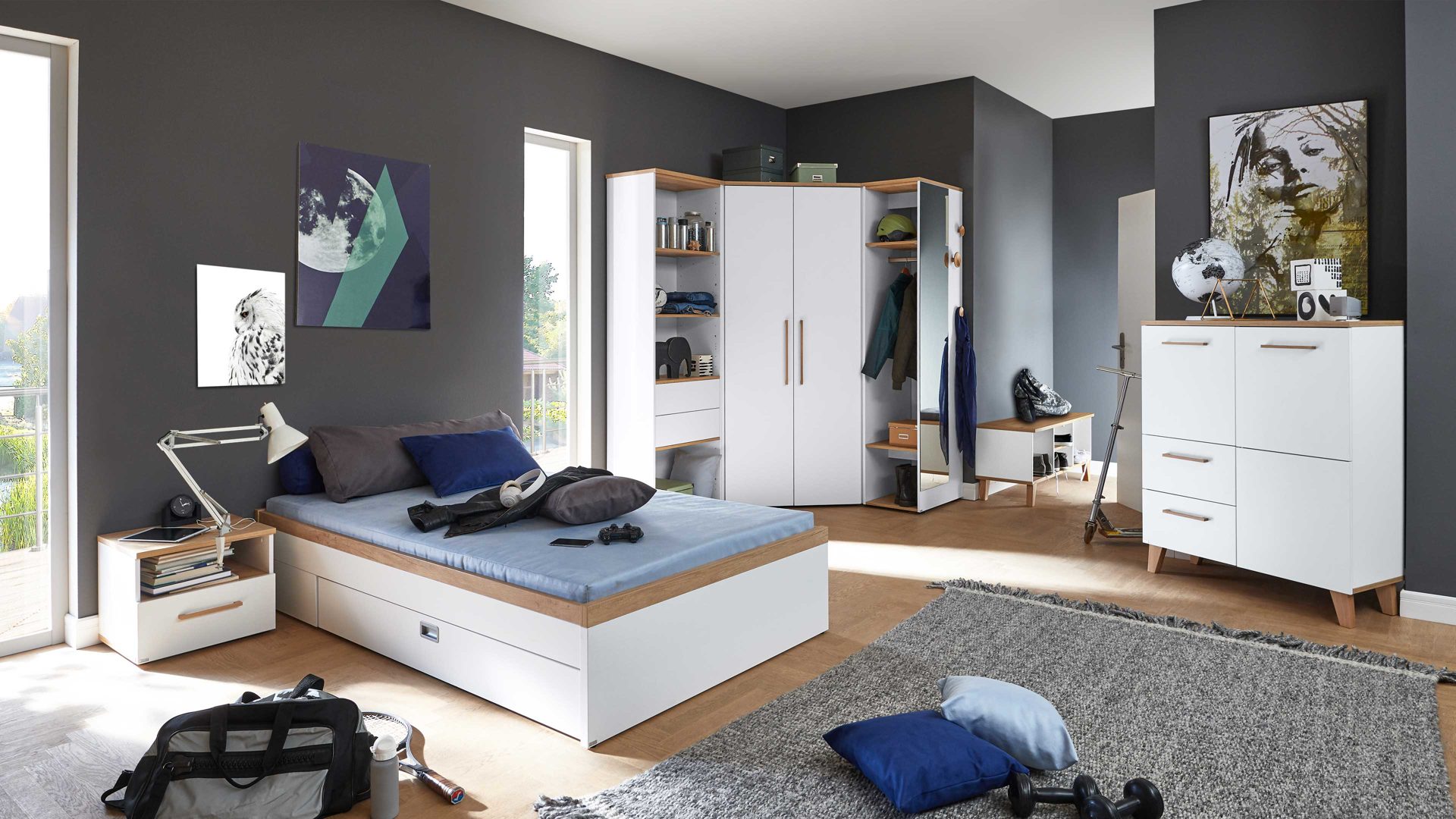 Highboard Paidi aus Holz in Weiß PAIDI Jugendzimmerprogramm Oscar - Highboard links - Kreideweiß & Nebraska Eiche