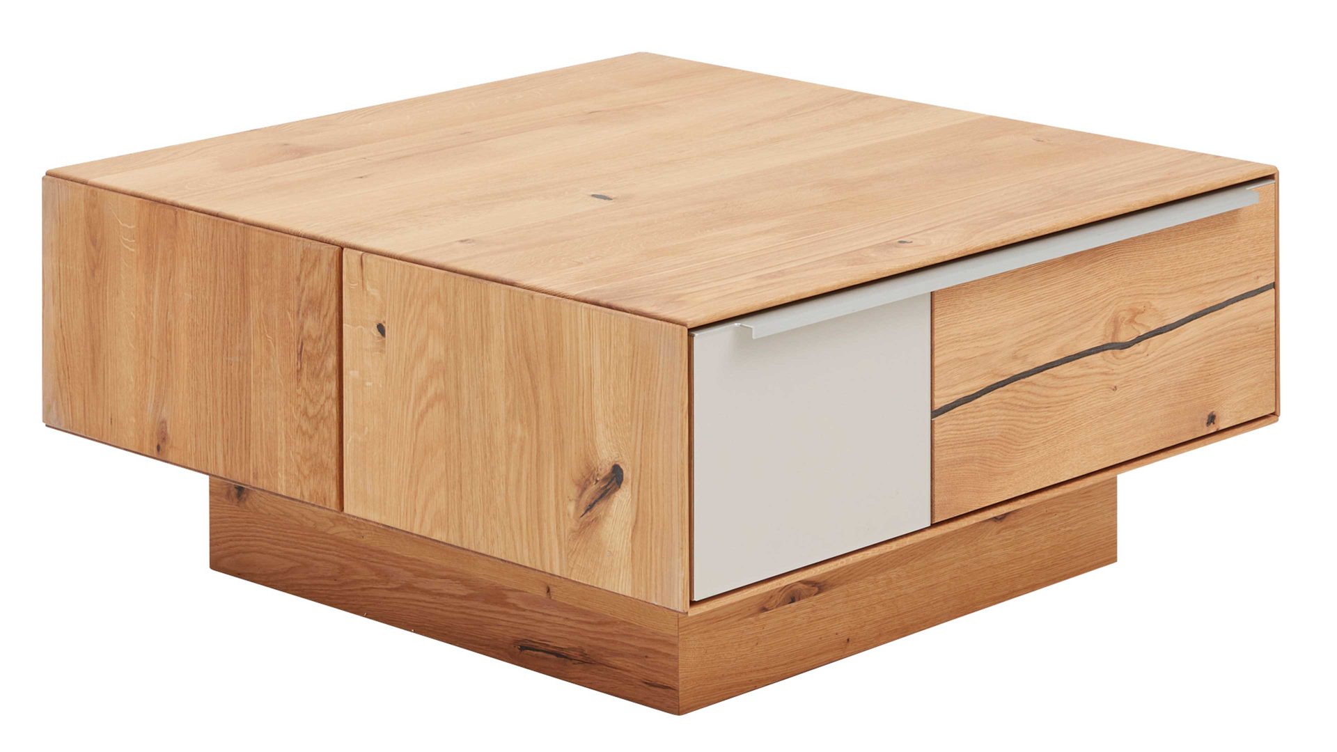 Couchtisch Interliving aus Holz in Hellgrau Interliving Wohnzimmer Serie 2020 - Couchtisch 151517 Asteiche, Schlamm & Risseiche– zwei Schubladen, ca. 82 x 82 cm