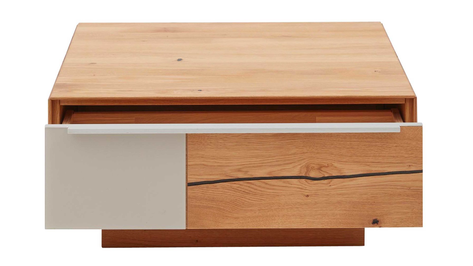 Couchtisch Interliving aus Holz in Hellgrau Interliving Wohnzimmer Serie 2020 - Couchtisch 151517 Asteiche, Schlamm & Risseiche– zwei Schubladen, ca. 82 x 82 cm