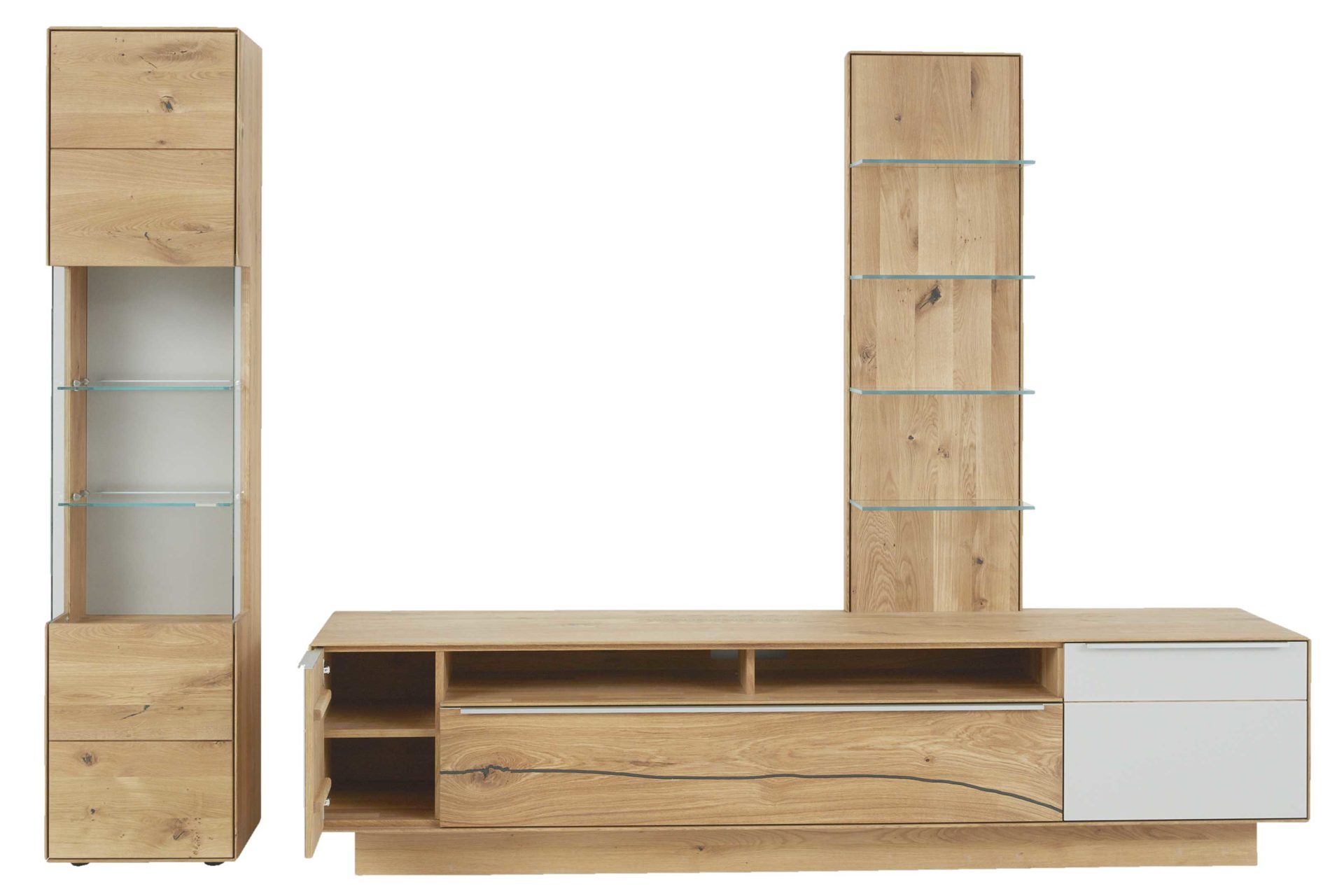 Wohnwand Interliving aus Holz in Hellgrau Interliving Wohnzimmer Serie 2020 - Wohnwand V15101 Asteiche & Schlamm – dreiteilig, Breite ca. 309 cm