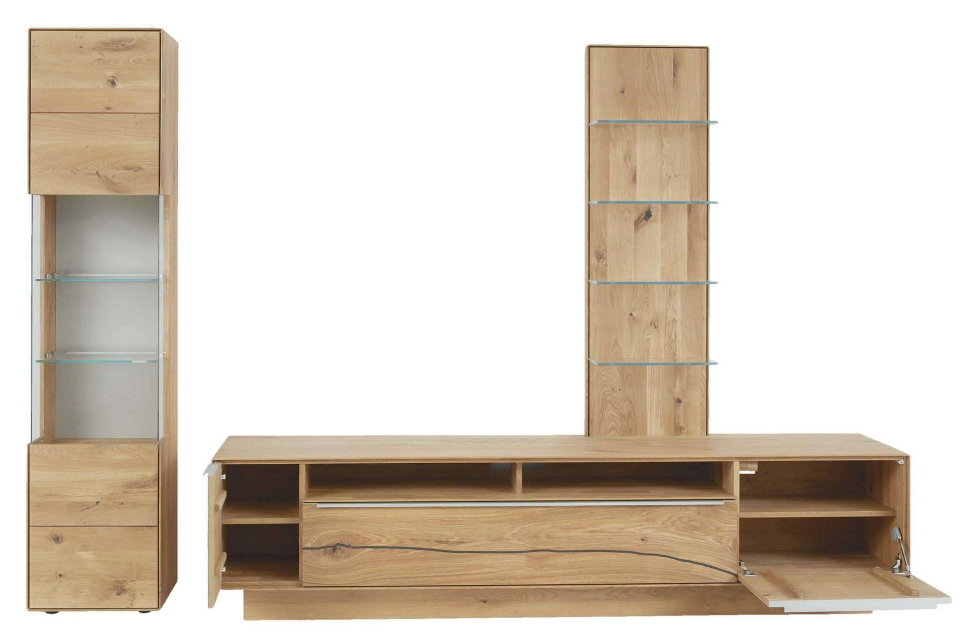 Wohnwand Interliving aus Holz in Hellgrau Interliving Wohnzimmer Serie 2020 - Wohnwand V15101 Asteiche & Schlamm – dreiteilig, Breite ca. 309 cm