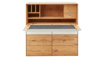 Schreibtisch Interliving aus Holz in Weiß Interliving Wohnzimmer Serie 2020 - Highboard Optiwhite, Asteiche & Riss-Eiche – Schreibplatte, zwei Türen