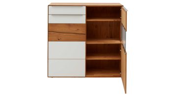 Highboard Interliving aus Holz in Weiß Interliving Wohnzimmer Serie 2020 - Highboard 151124 Optiwhite, Asteiche & Riss-Eiche – zwei Türen, eine Schublade