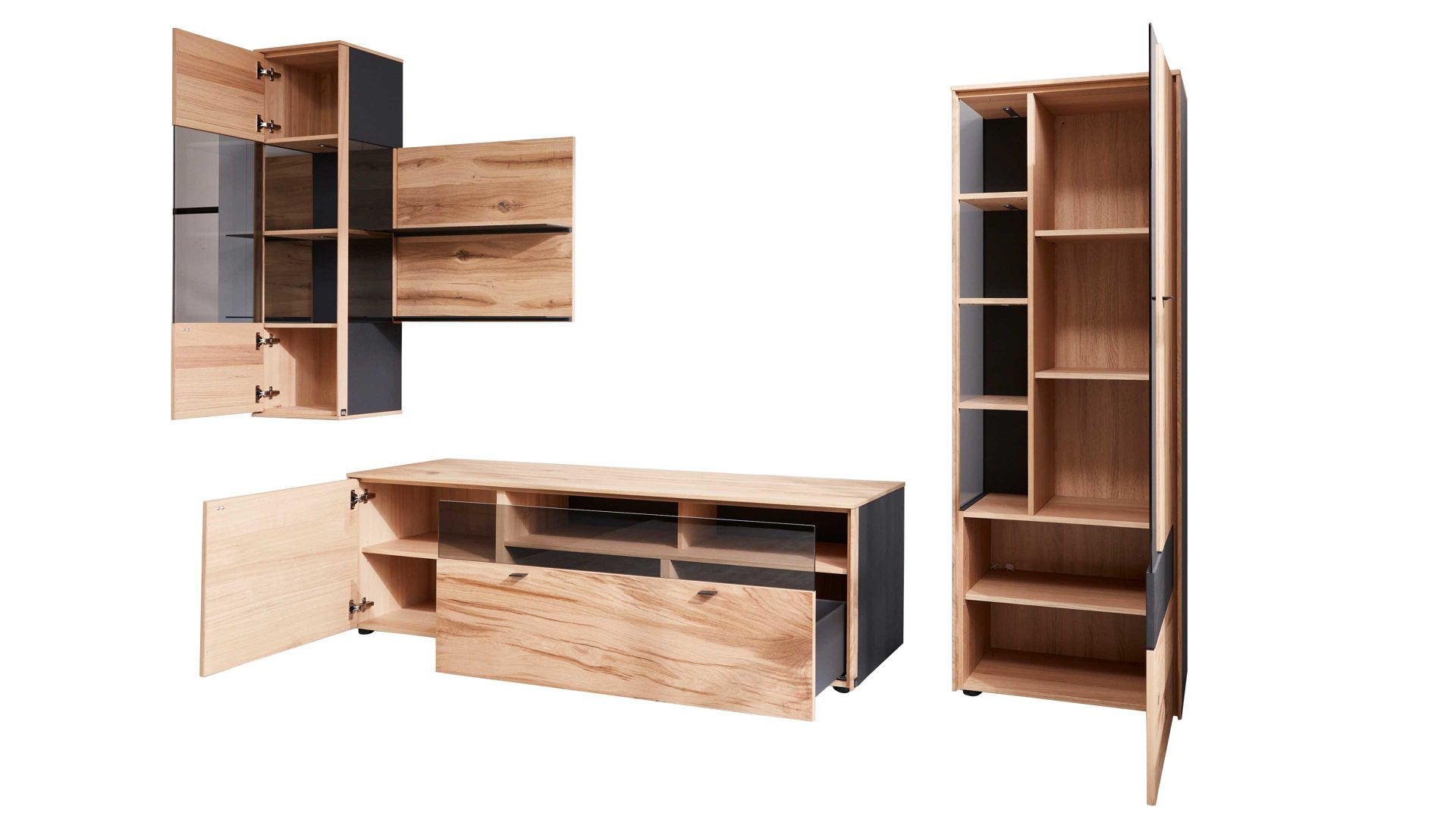 Wohnwand Interliving aus Holz in Holzfarben Interliving Esszimmer Serie 5604 - Wohnwand Eiche rustico & Anthrazit  - fünfteilig, Breite ca. 365 cm