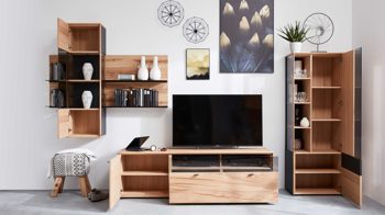 Wohnwand Interliving aus Holz in Holzfarben Interliving Esszimmer Serie 5604 - Wohnwand Eiche rustico & Anthrazit  - fünfteilig, Breite ca. 365 cm