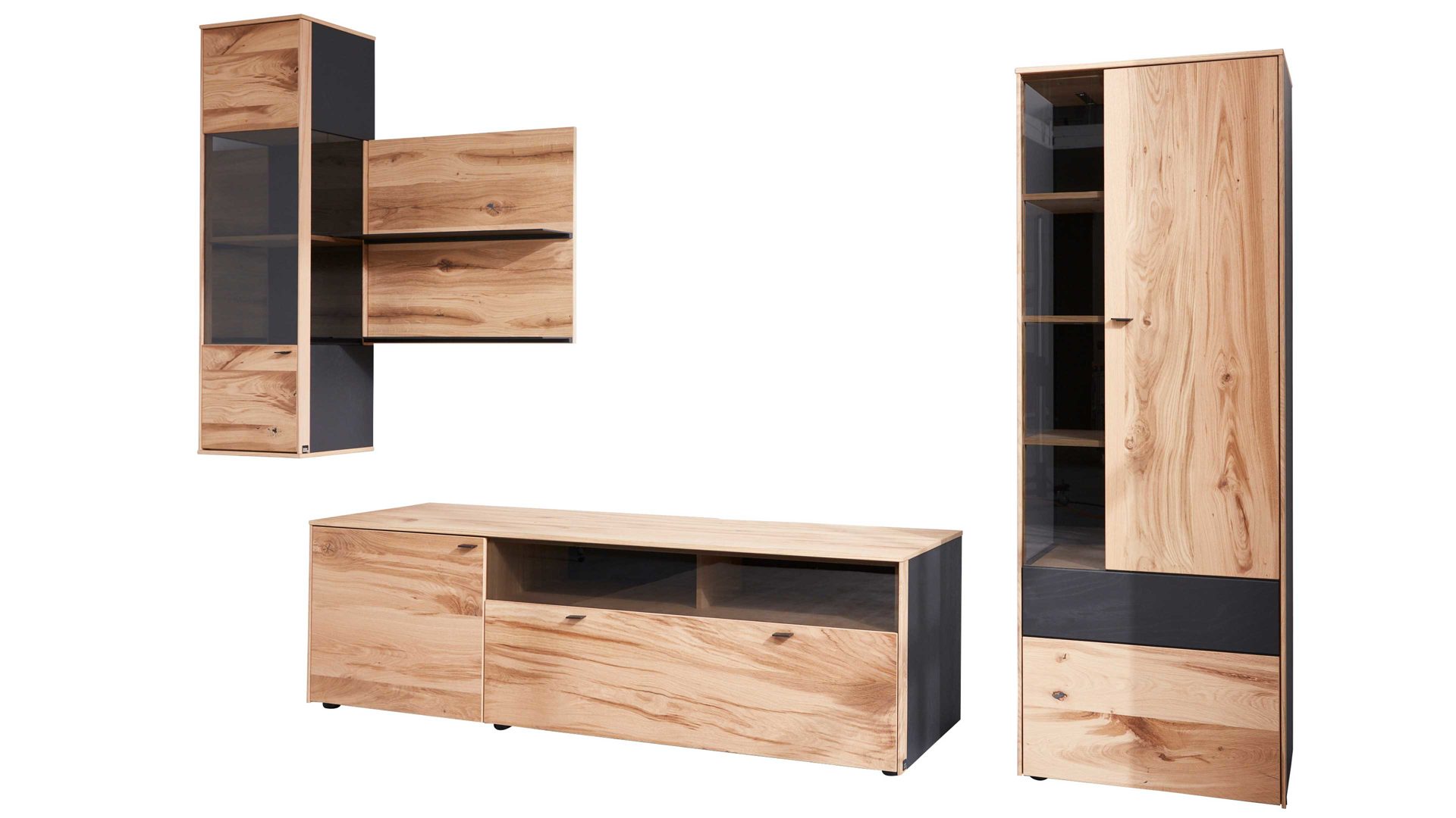 Wohnwand Interliving aus Holz in Holzfarben Interliving Esszimmer Serie 5604 - Wohnwand Eiche rustico & Anthrazit  - fünfteilig, Breite ca. 365 cm