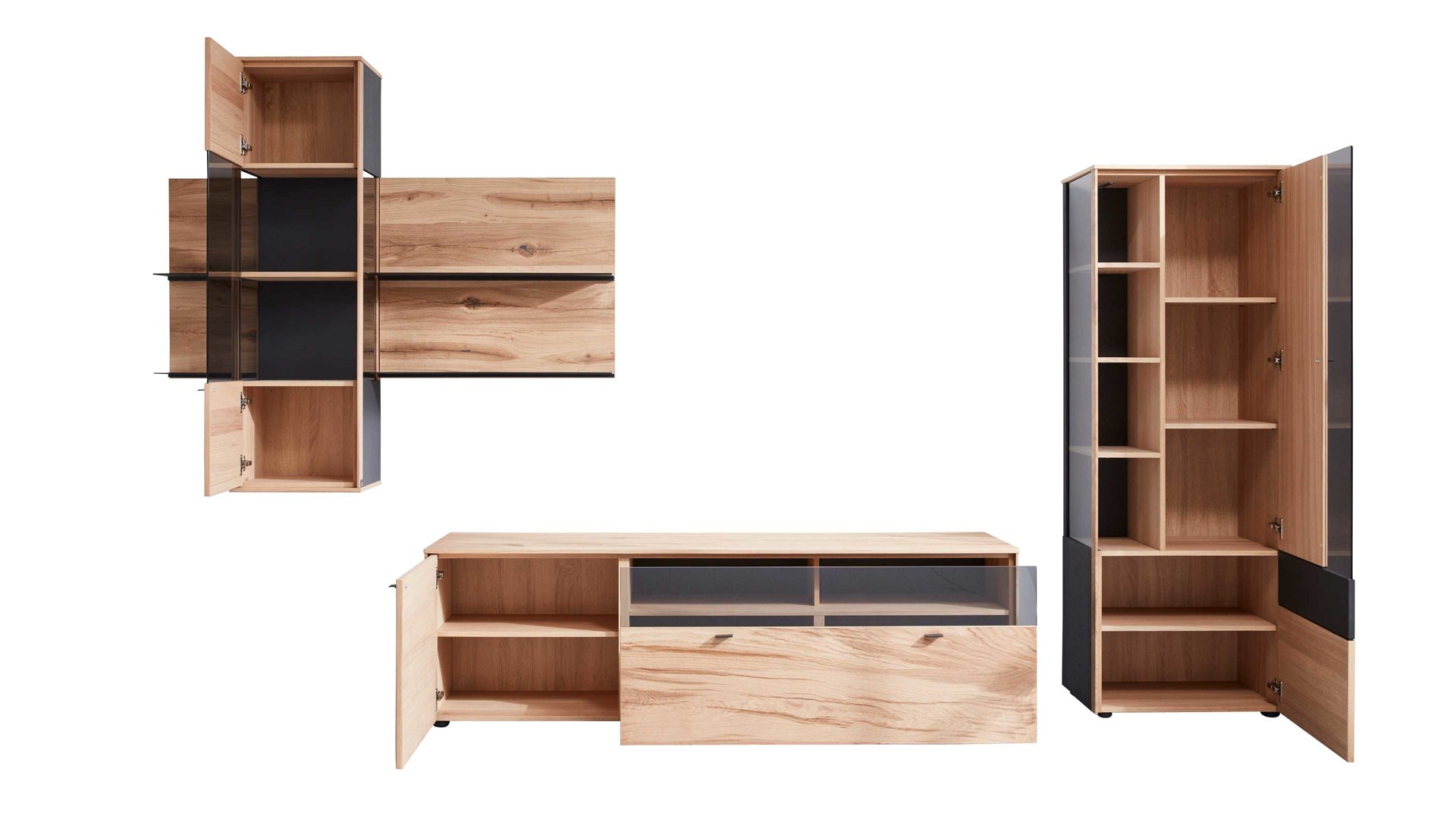 Wohnwand Interliving aus Holz in Holzfarben Interliving Esszimmer Serie 5604 - Wohnwand Eiche rustico & Anthrazit  - fünfteilig, Breite ca. 365 cm