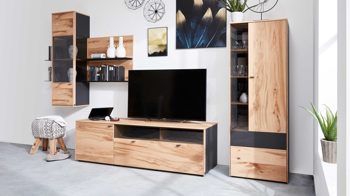 Wohnwand Interliving aus Holz in Holzfarben Interliving Esszimmer Serie 5604 - Wohnwand Eiche rustico & Anthrazit  - fünfteilig, Breite ca. 365 cm