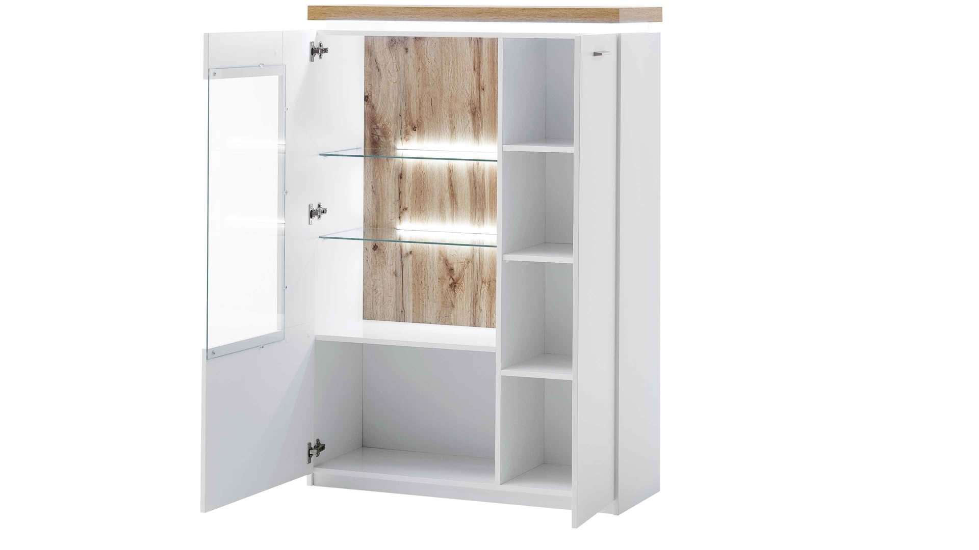 Highboard Mca furniture aus Holz in Weiß Wohnprogramm Cali - Highboard-Vitrine T20 Weiß & Wotan Eiche - zwei Türen, Breite ca. 98 cm