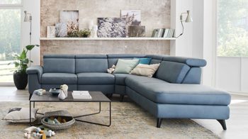 Ecksofa Steinpol polsteria aus Leder in Blau Polsterprogramm Relaxa 6.0 Plus PSG XC - Ecksofa graublaues LongLife-Leder Punch - Stellfläche ca. 270 x 239 cm